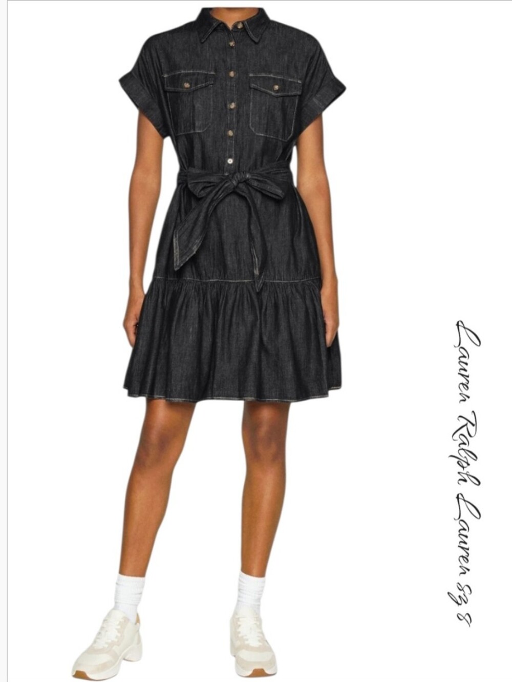 Lauren Ralph Lauren Denim Short-Sleeve Belted Tiered Shirtdress Dark Wash 8